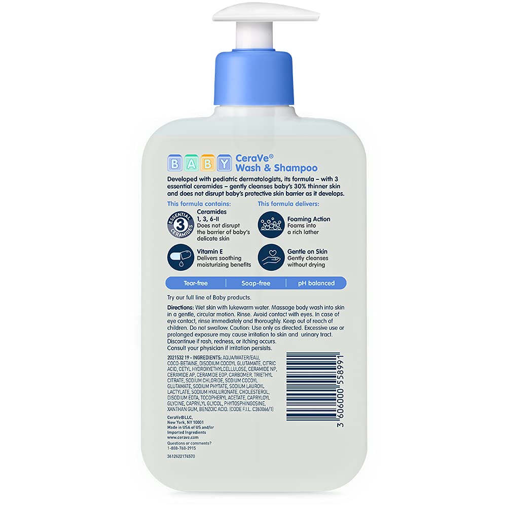 CeraVe Baby Wash & Shampoo, 2-in-1 Tear-Free for Skin Hair Fragrance, Paraben, Dye, Phthalates Sulfate Free Bath, Soap with Vitamin E 16 Ounce - Image 9