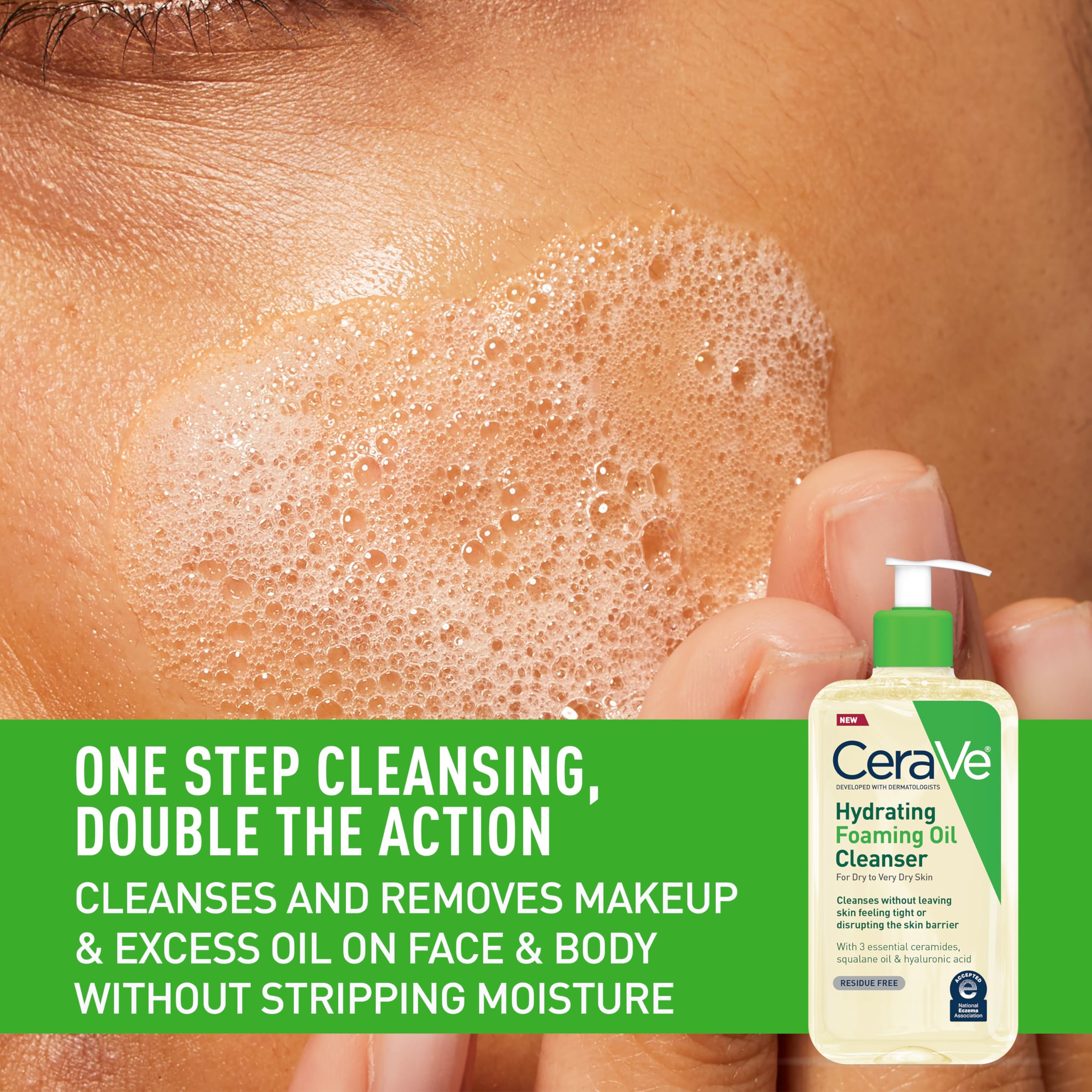 CeraVe Hydrating Foaming Oil Cleanser, Moisturizing Oil Cleanser for Face & Body, Squalane Oil + Hyaluronic Acid + Ceramides, For Dry to Very Dry Skin, Fragrance Free & Residue Free, 19 FL Oz - Image 3