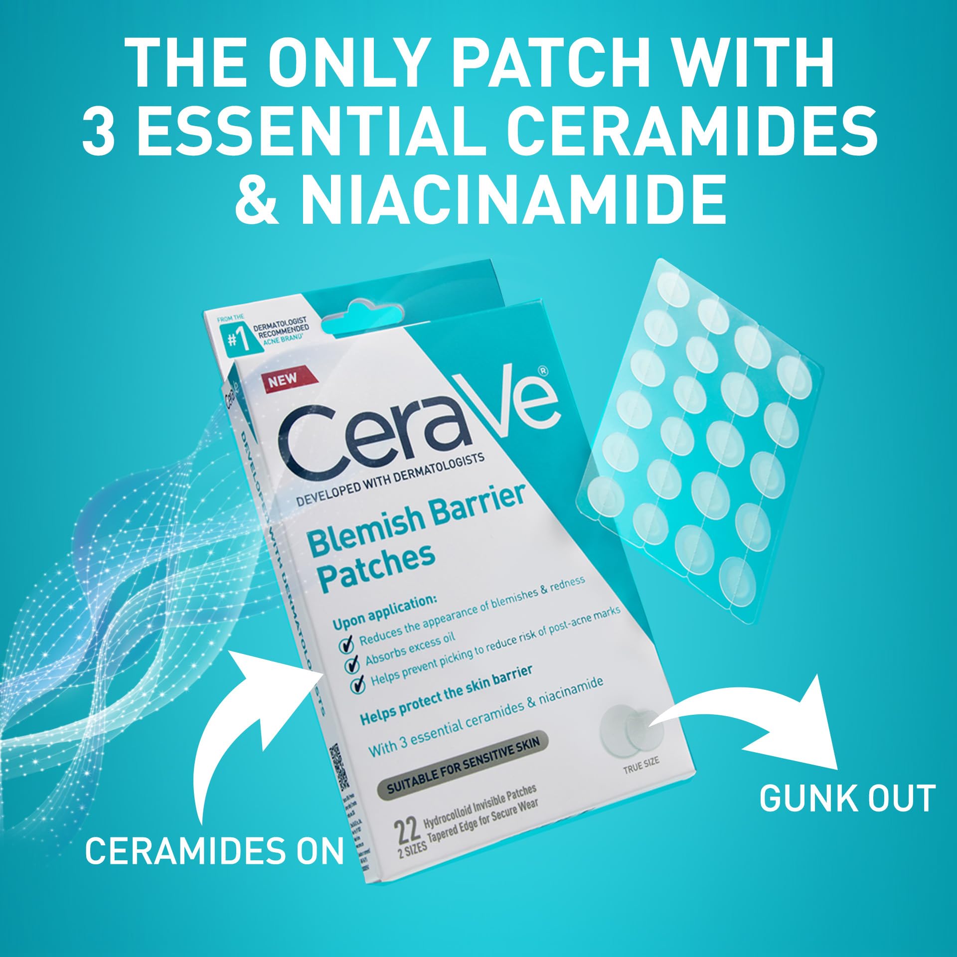 CeraVe Hydrocolloid Blemish Patches, Oil Absorbing Spot Control with Ceramides and Niacinamide, Allergy-Tested & Suitable For Sensitive Skin, Ultra-Thin & Blends Into All Skin Tones, 22ct - Image 3