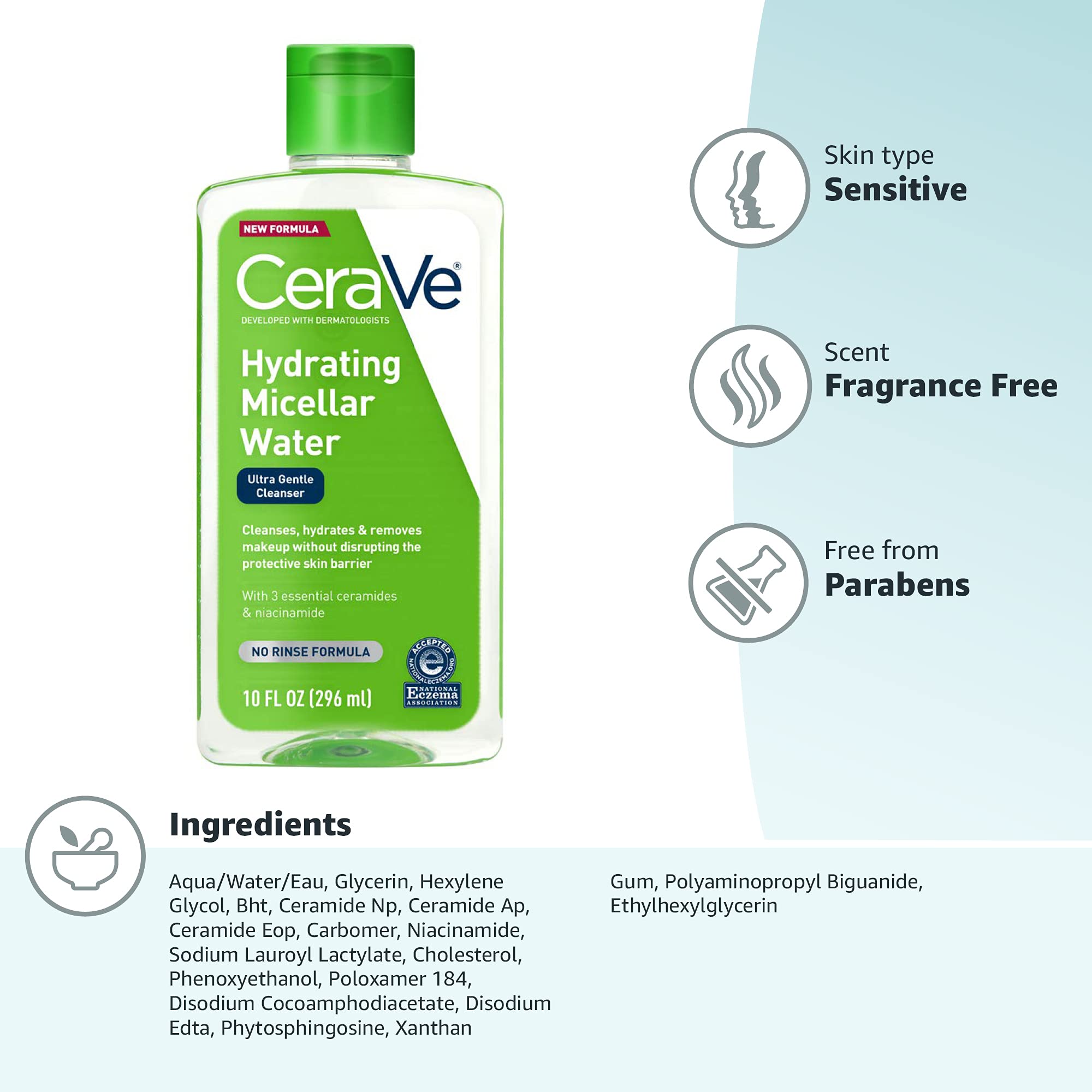 CeraVe Micellar Water, Hydrating Facial Cleanser & Eye Makeup Remover with Niacinamide, Ceramides & Glycerin, Fragrance-Free & Non-Irritating, 10 Fluid Ounces - Image 7