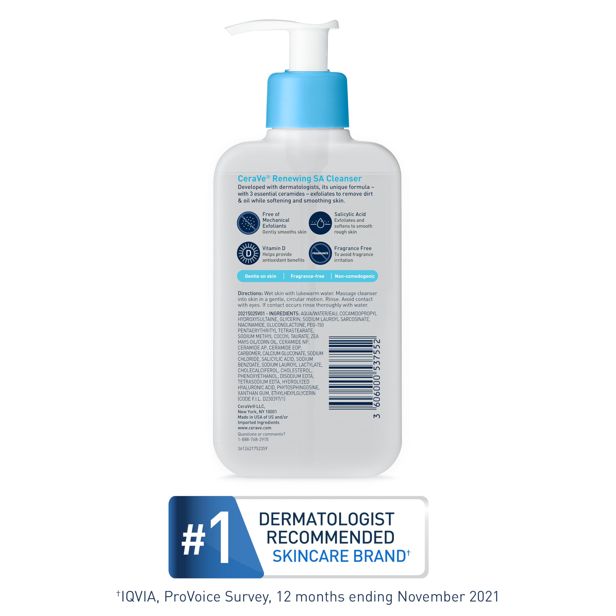 CeraVe Renewing Salicylic Acid Cleanser, Formulated With Hyaluronic Acid, Niacinamide, & Ceramides, Gentle BHA Exfoliating Face Wash Smooths & Softens Skin, Non Comedogenic & Fragrance Free, 8 Ounce - Image 7